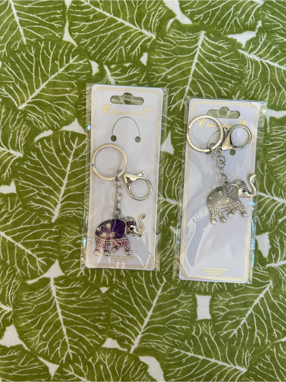 Elephant Keychain Pair with Purple and Silver Accents
